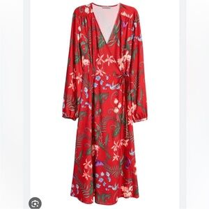H&M wrap red dress long sleeves floral midi,